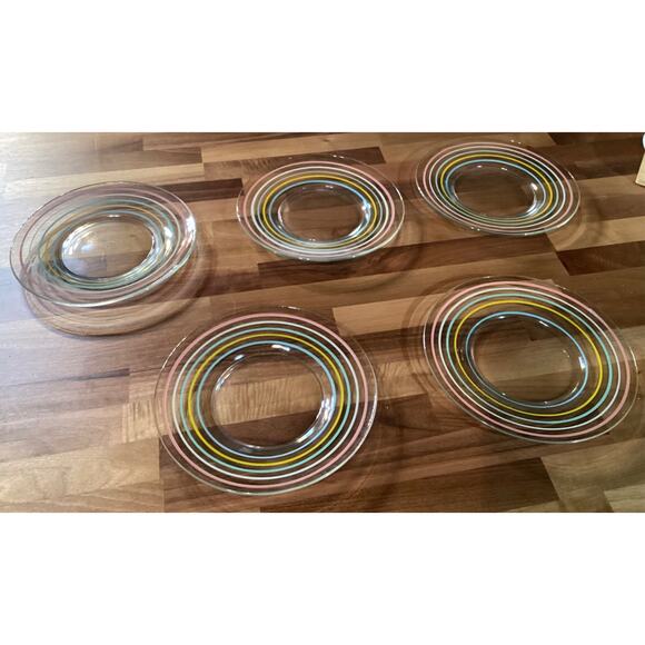 Vintage Anchor Hocking Painted Glass Striped Salad Plates Set Of 5 - Picture 3 of 9